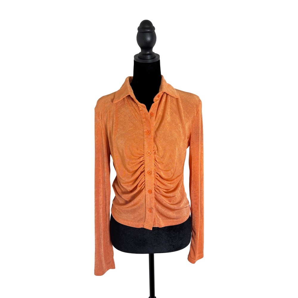 Boutique Button Down Top Women Orange Excellent Ruched Shimmer Long Sleeve Top